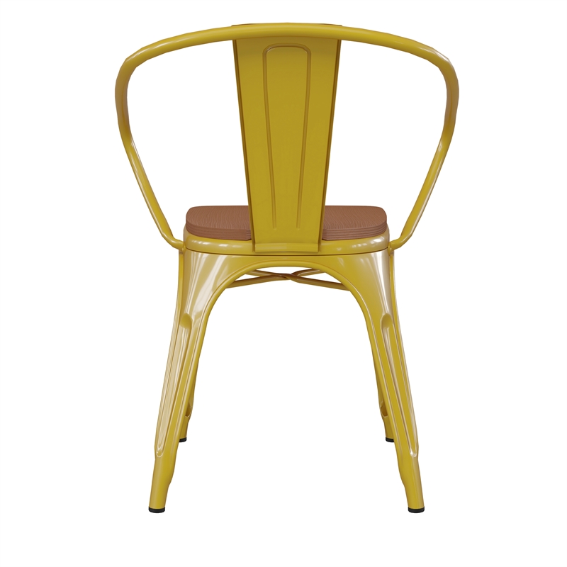 All-Weather Metal Stack Chair with Arms and Poly Resin Seat - Yellow/Teak