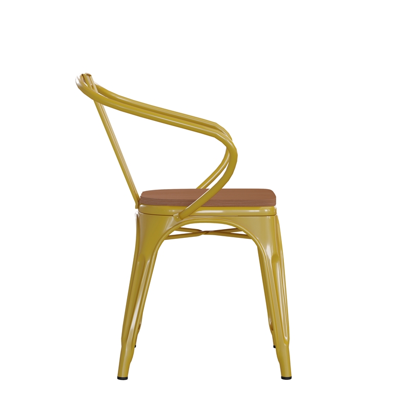 All-Weather Metal Stack Chair with Arms and Poly Resin Seat - Yellow/Teak