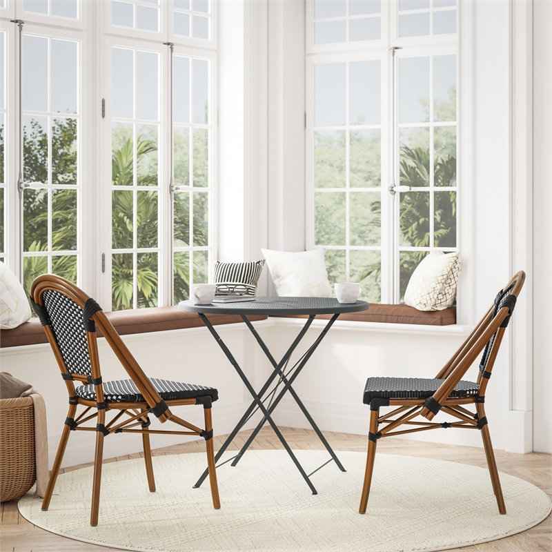 All-Weather Commercial Paris Chair with Bamboo Print Aluminum Frame-Black/White