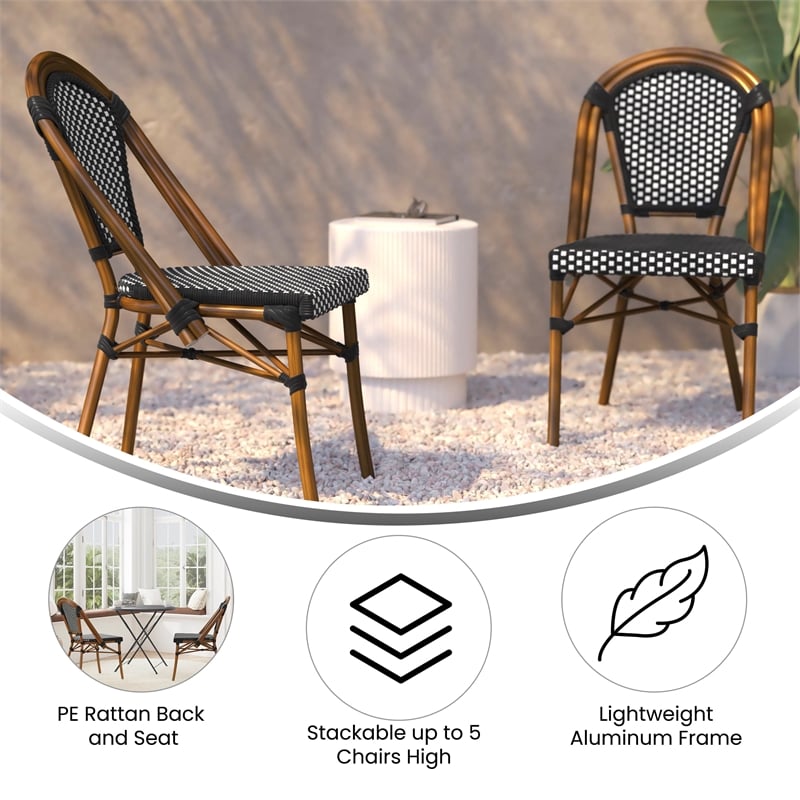 All-Weather Commercial Paris Chair with Bamboo Print Aluminum Frame-Black/White