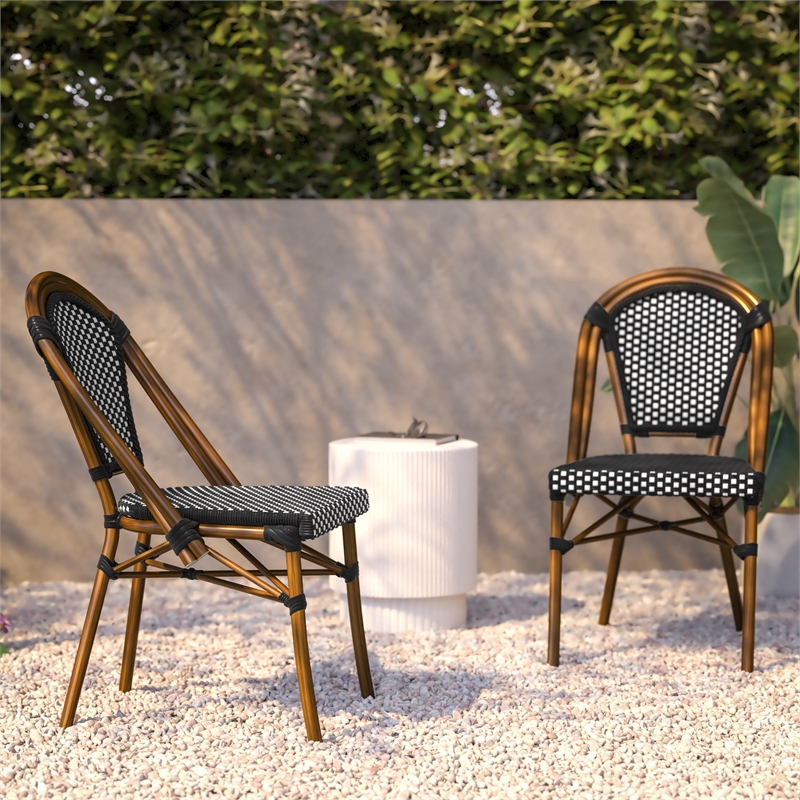 All-Weather Commercial Paris Chair with Bamboo Print Aluminum Frame-Black/White