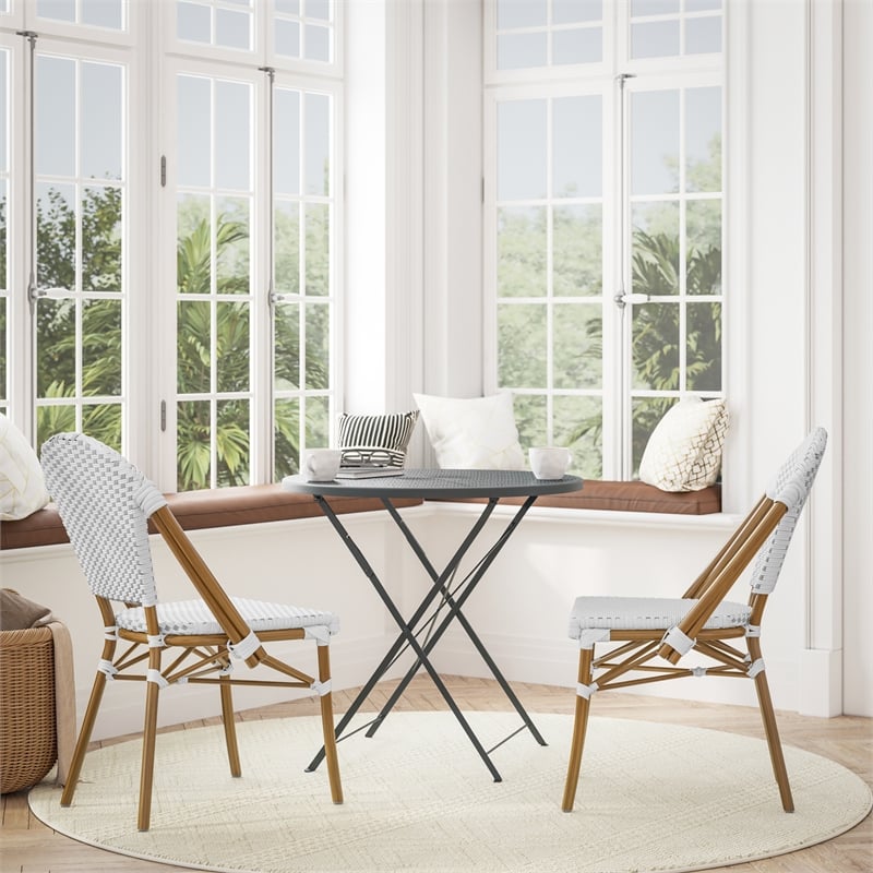 All-Weather Commercial Paris Chair with Bamboo Print Aluminum Frame-White/Gray