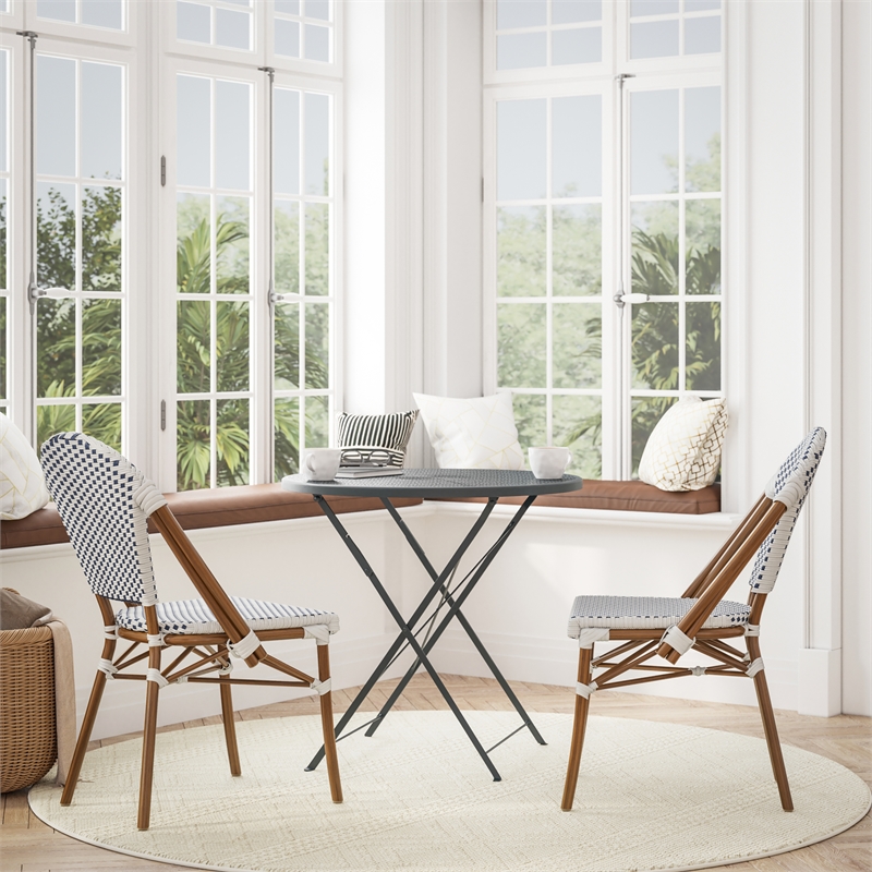 All-Weather Commercial Paris Chair with Bamboo Print Aluminum Frame-White/Navy