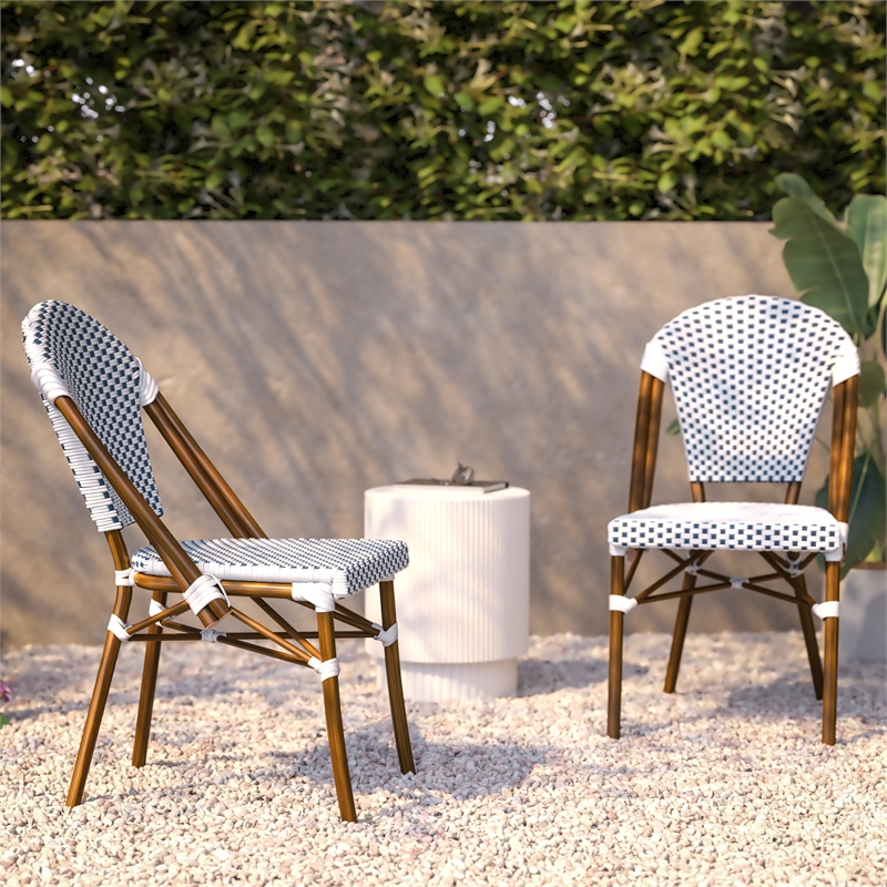 All-Weather Commercial Paris Chair with Bamboo Print Aluminum Frame-White/Navy