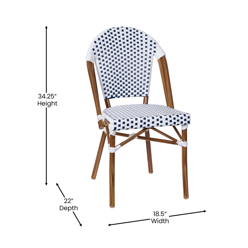 All-Weather Commercial Paris Chair with Bamboo Print Aluminum Frame-White/Navy