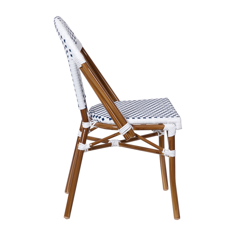 All-Weather Commercial Paris Chair with Bamboo Print Aluminum Frame-White/Navy