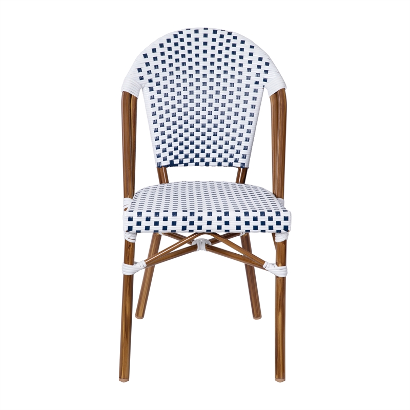 All-Weather Commercial Paris Chair with Bamboo Print Aluminum Frame-White/Navy