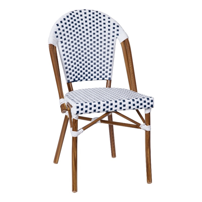 All-Weather Commercial Paris Chair with Bamboo Print Aluminum Frame-White/Navy