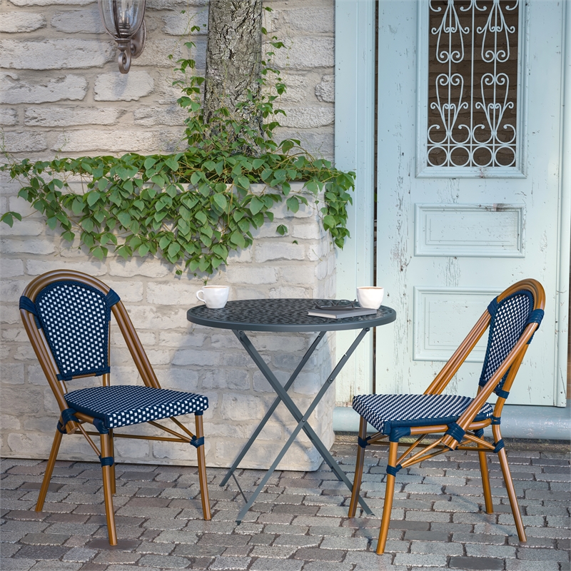All-Weather Commercial Paris Chair with Bamboo Print Aluminum Frame-Navy/White
