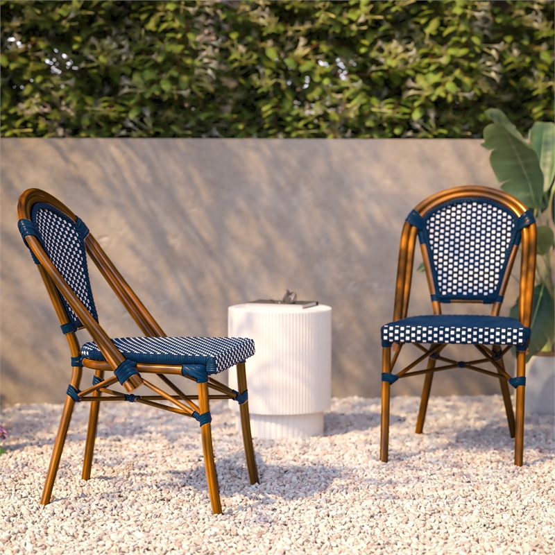 All-Weather Commercial Paris Chair with Bamboo Print Aluminum Frame-Navy/White