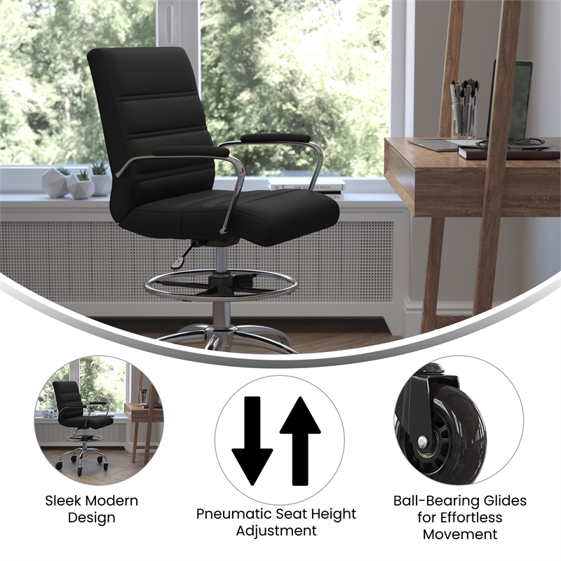 Drafting Chair with Roller Wheels Adjustable Foot Ring - Black LeatherSoft