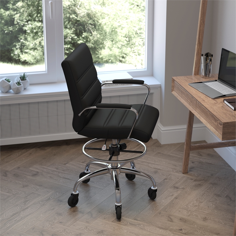 Drafting Chair with Roller Wheels Adjustable Foot Ring - Black LeatherSoft