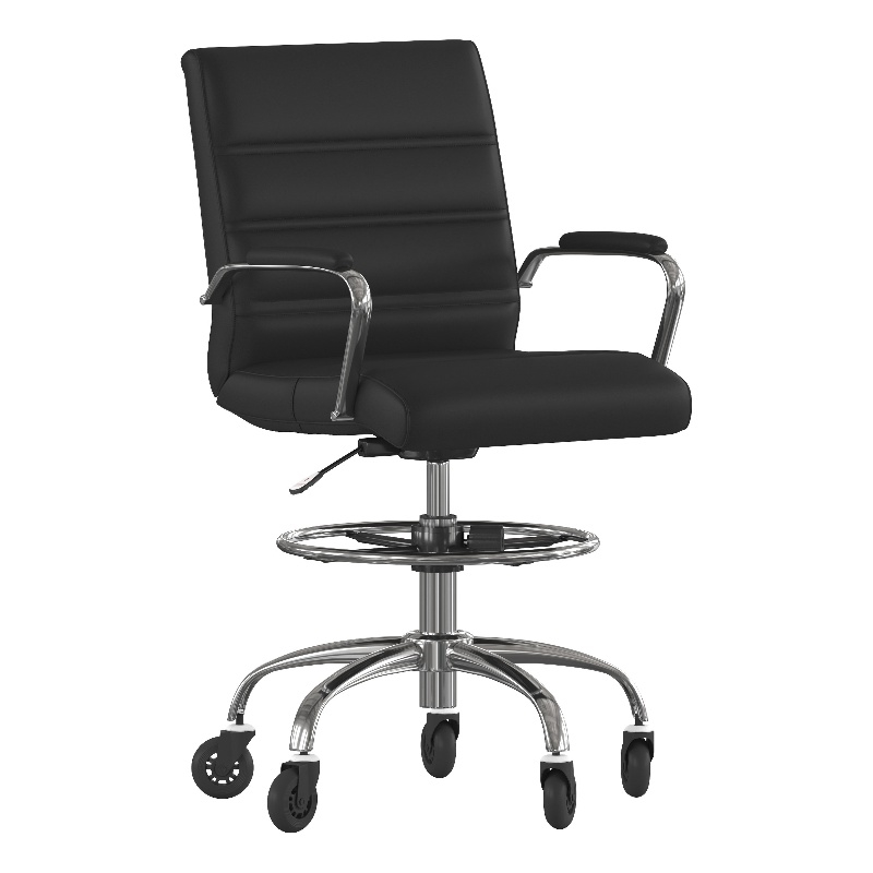 Drafting Chair with Roller Wheels Adjustable Foot Ring - Black LeatherSoft