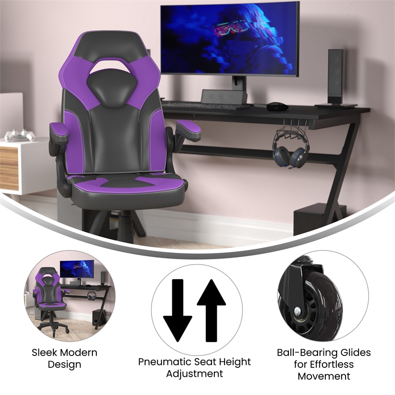 Office Gaming Chair with Skater Wheels & Flip Up Arms - Purple LeatherSoft