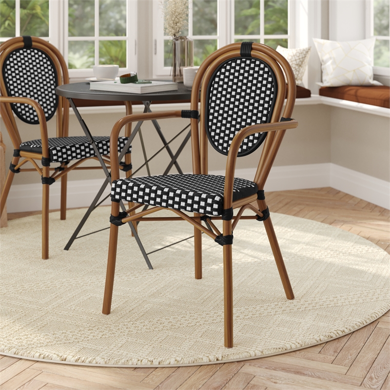All-Weather Commercial Paris Chair with Bamboo Print Metal Frame-Black/White