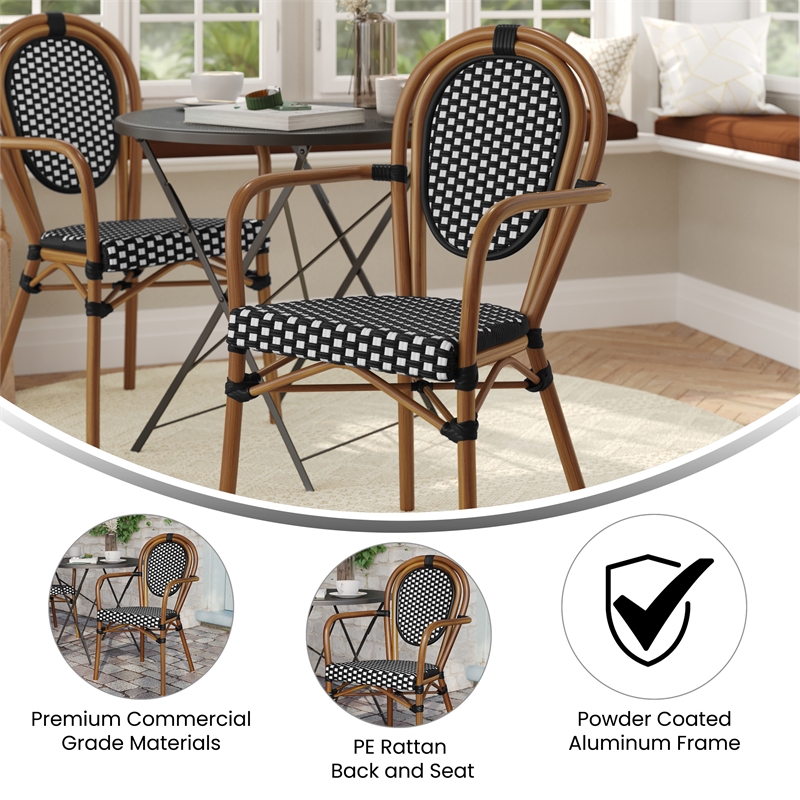 All-Weather Commercial Paris Chair with Bamboo Print Metal Frame-Black/White