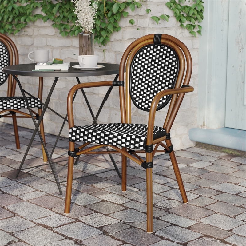 All-Weather Commercial Paris Chair with Bamboo Print Metal Frame-Black/White