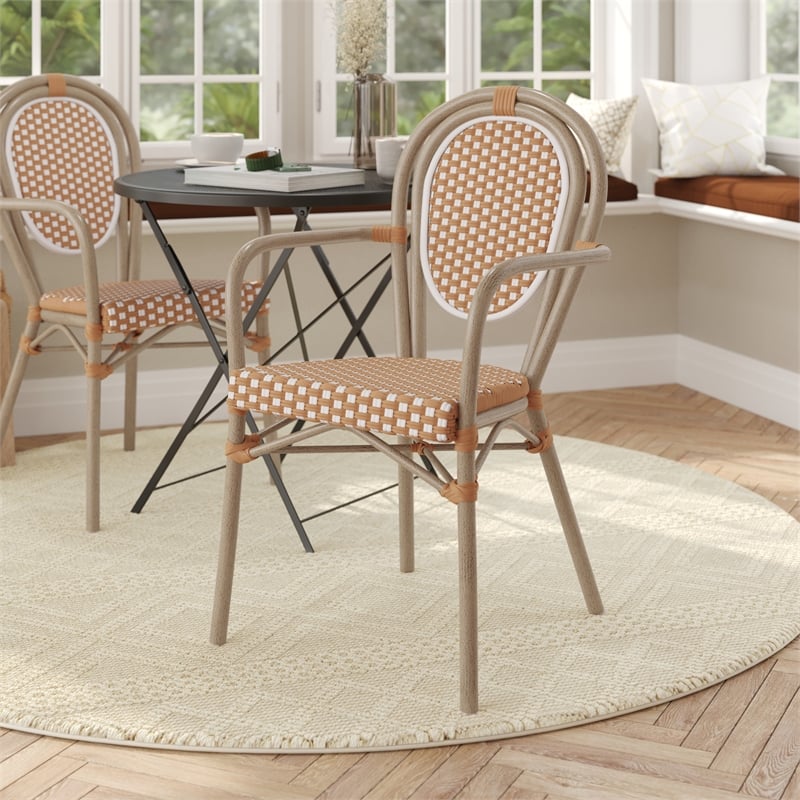 All-Weather Commercial Paris Chair with Bamboo Print Metal Frame-Natural/White