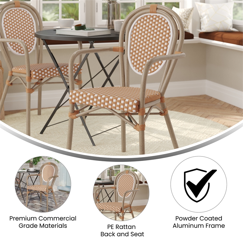 All-Weather Commercial Paris Chair with Bamboo Print Metal Frame-Natural/White