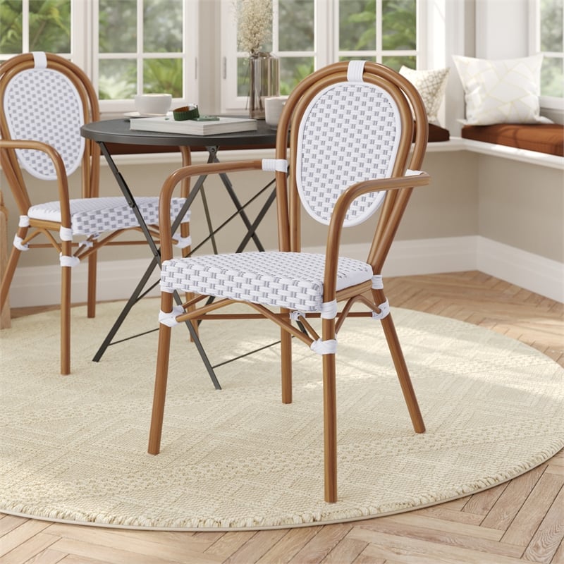 All-Weather Commercial Paris Chair with Bamboo Print Metal Frame-White/Gray