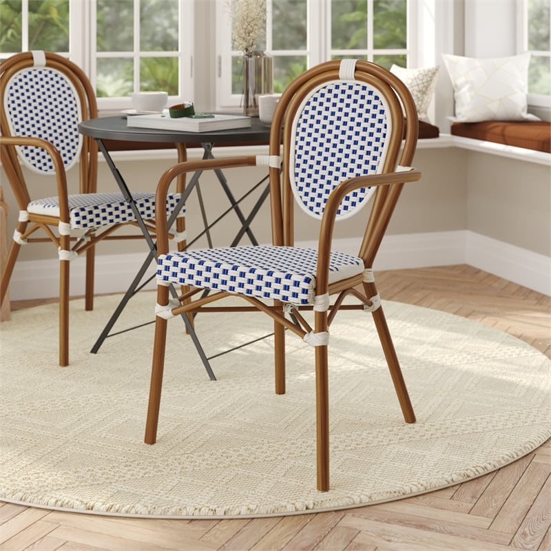 All-Weather Commercial Paris Chair with Bamboo Print Metal Frame-White/Navy