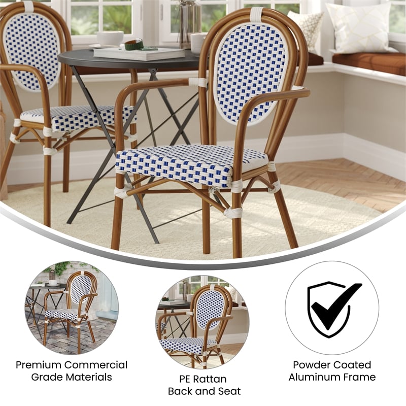 All-Weather Commercial Paris Chair with Bamboo Print Metal Frame-White/Navy