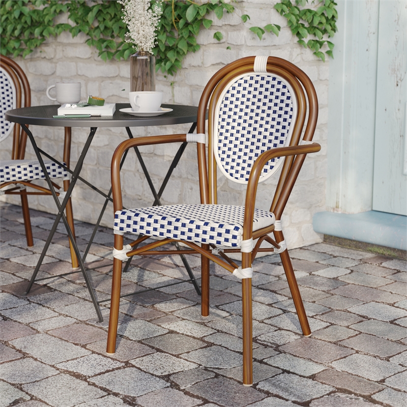 All-Weather Commercial Paris Chair with Bamboo Print Metal Frame-White/Navy