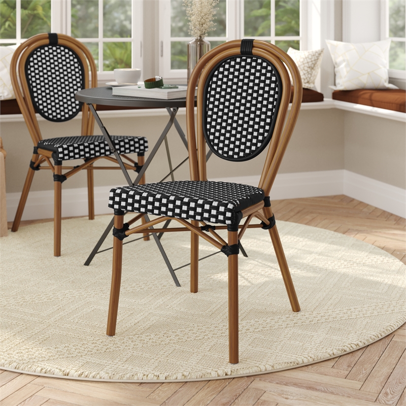 All-Weather Commercial Paris Chair with Bamboo Print Metal Frame-Black/White