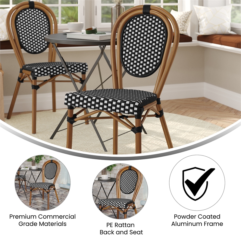 All-Weather Commercial Paris Chair with Bamboo Print Metal Frame-Black/White
