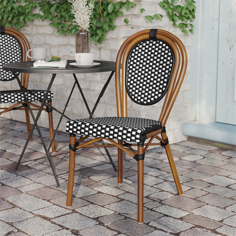 All-Weather Commercial Paris Chair with Bamboo Print Metal Frame-Black/White