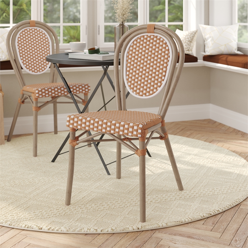 All-Weather Commercial Paris Chair with Bamboo Print Metal Frame-Natural/White