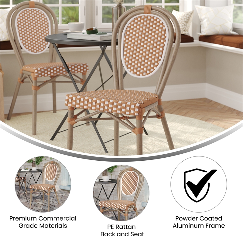 All-Weather Commercial Paris Chair with Bamboo Print Metal Frame-Natural/White