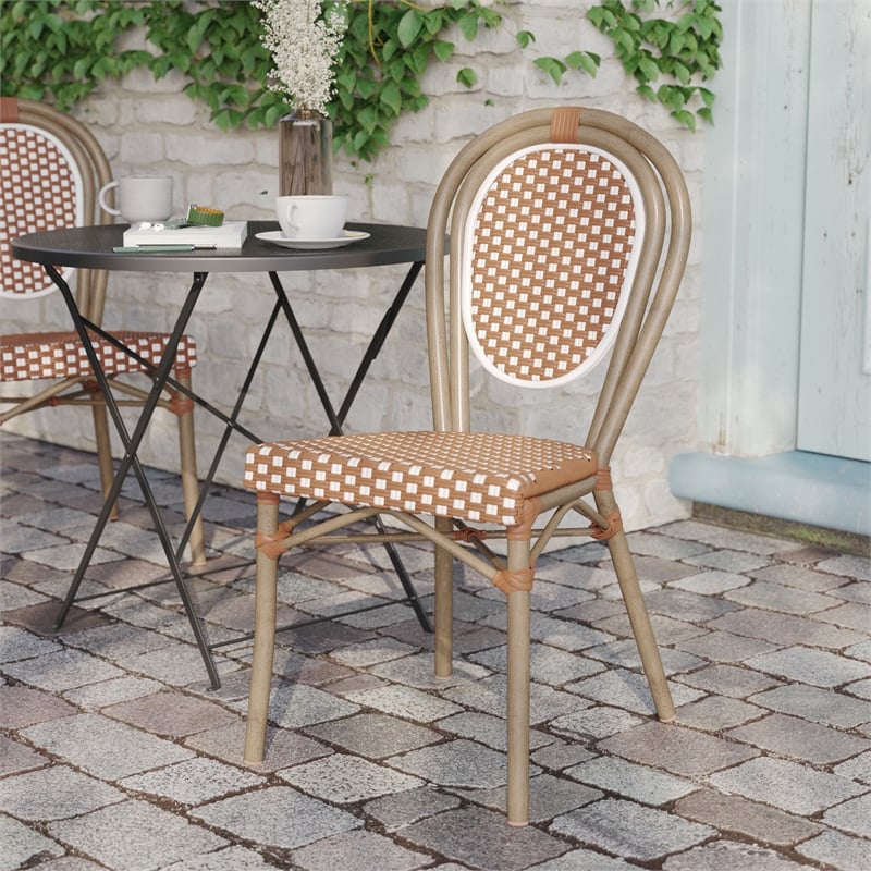 All-Weather Commercial Paris Chair with Bamboo Print Metal Frame-Natural/White
