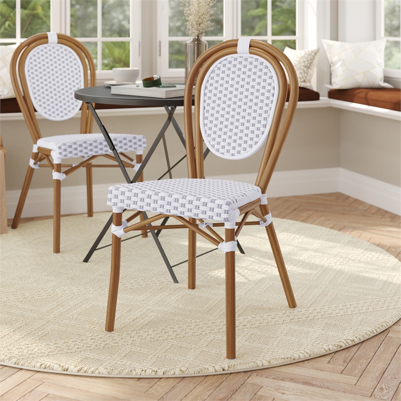 All-Weather Commercial Paris Chair with Bamboo Print Metal Frame-Natural/White