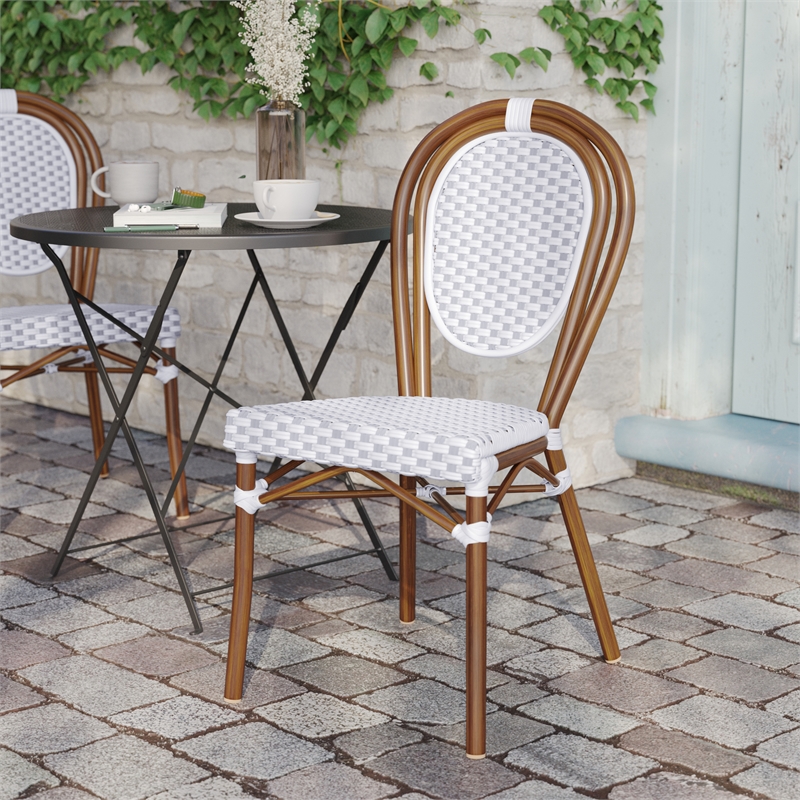 All-Weather Commercial Paris Chair with Bamboo Print Metal Frame-Natural/White