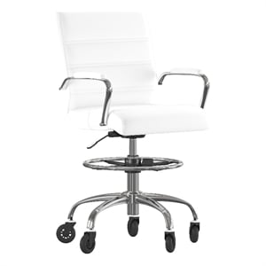 Drafting Chair with Roller Wheels Adjustable Foot Ring - White LeatherSoft