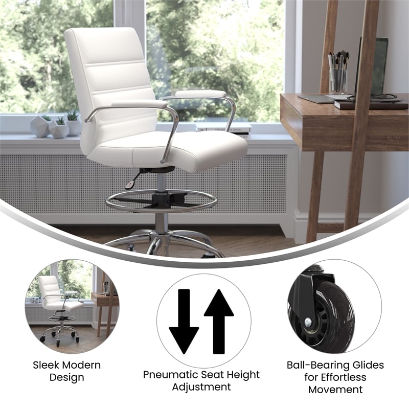 Drafting Chair with Roller Wheels Adjustable Foot Ring - White LeatherSoft