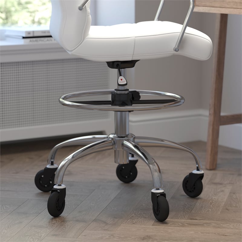 Drafting Chair with Roller Wheels Adjustable Foot Ring - White LeatherSoft