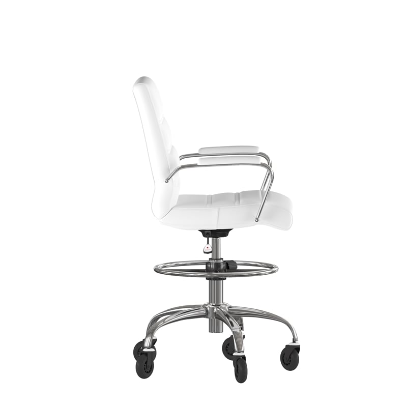 Drafting Chair with Roller Wheels Adjustable Foot Ring - White LeatherSoft