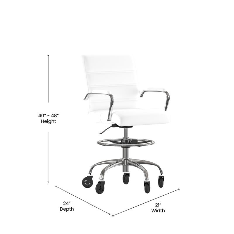 Drafting Chair with Roller Wheels Adjustable Foot Ring - White LeatherSoft