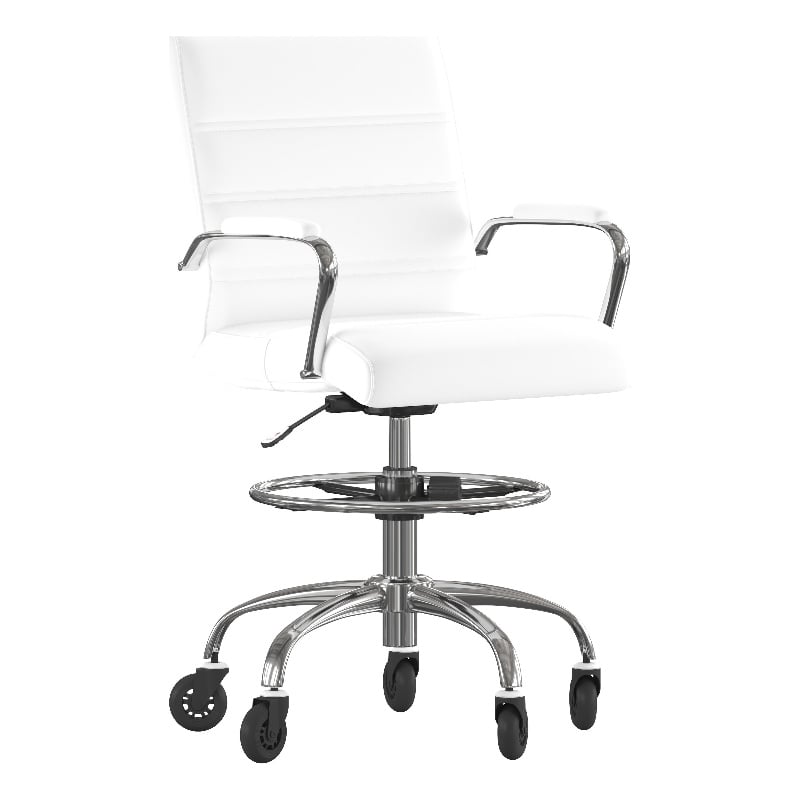 Drafting Chair with Roller Wheels Adjustable Foot Ring - White LeatherSoft