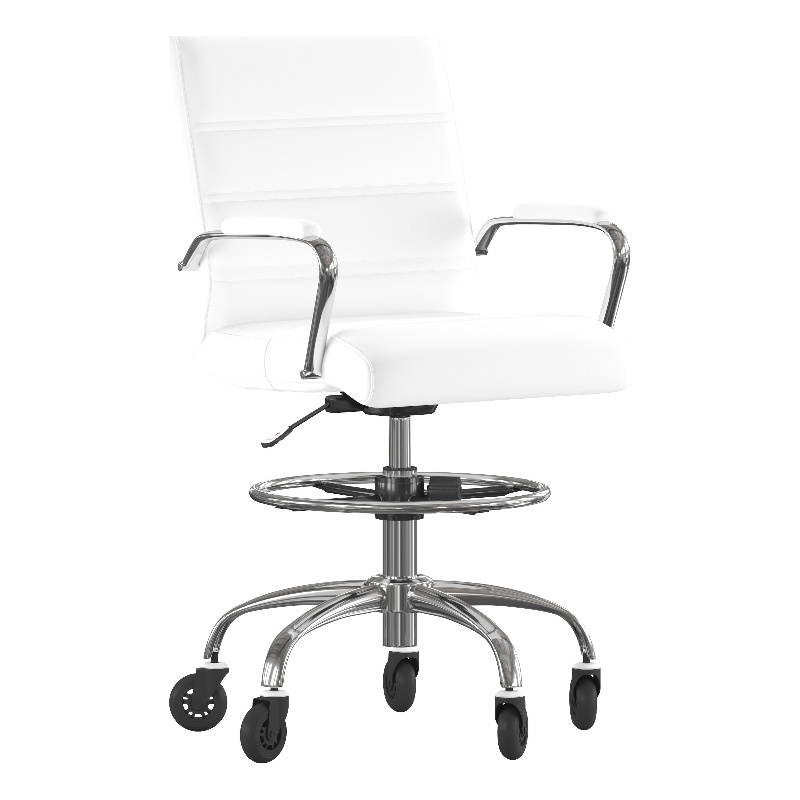 Drafting Chair with Roller Wheels Adjustable Foot Ring - White LeatherSoft