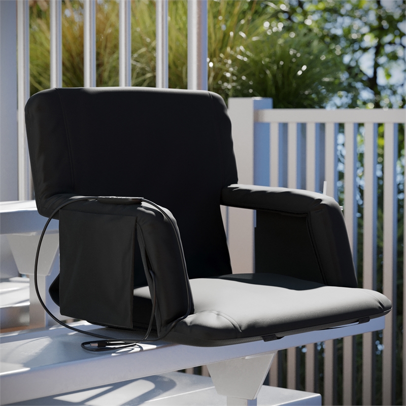 Foldable Reclining Stadium Chair with Backpack Straps and Heated Seat - Black