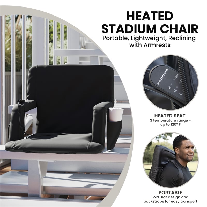 Foldable Reclining Stadium Chair with Backpack Straps and Heated Seat - Black