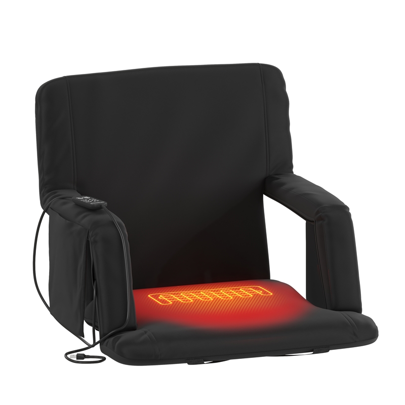 Foldable Reclining Stadium Chair with Backpack Straps and Heated Seat - Black