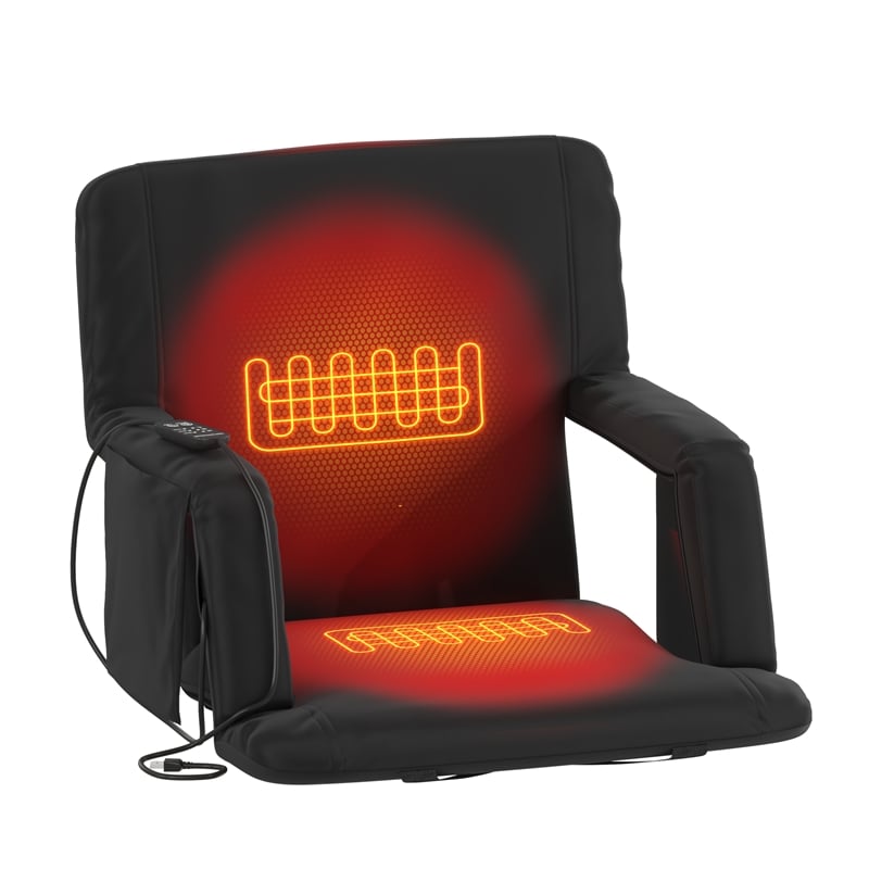 Foldable Reclining Stadium Chair with Backpack Straps-Heated Back and Seat-Black