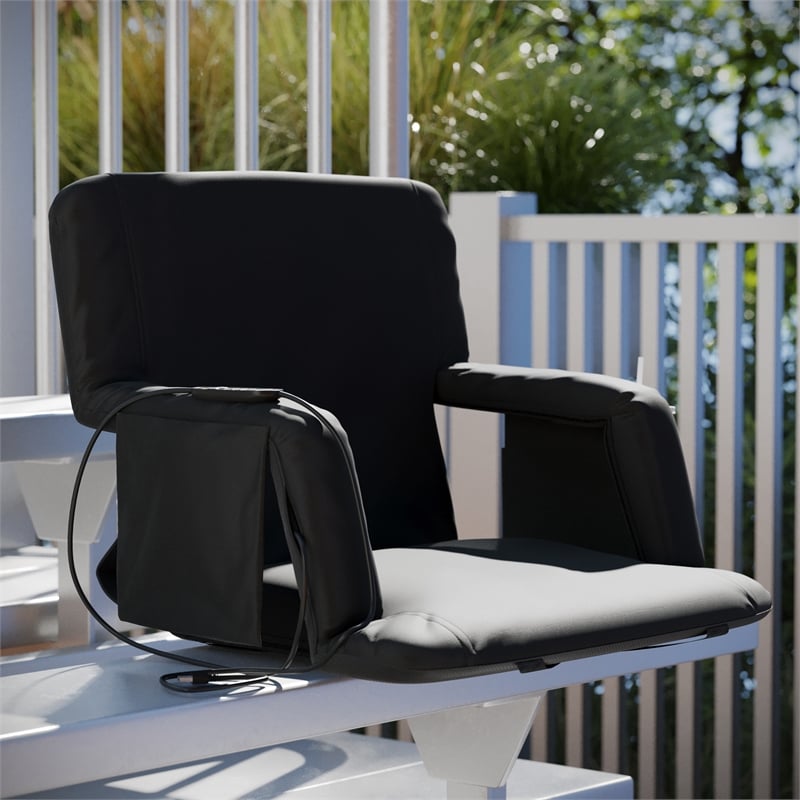 Foldable Reclining Stadium Chair with Backpack Straps-Heated Back and Seat-Black