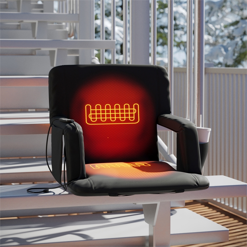 Foldable Reclining Stadium Chair with Backpack Straps-Heated Back and Seat-Black