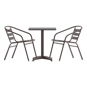 Modern 27.5&quot Square Glass Framed Glass Table with 2 Bronze Slat Back Chairs