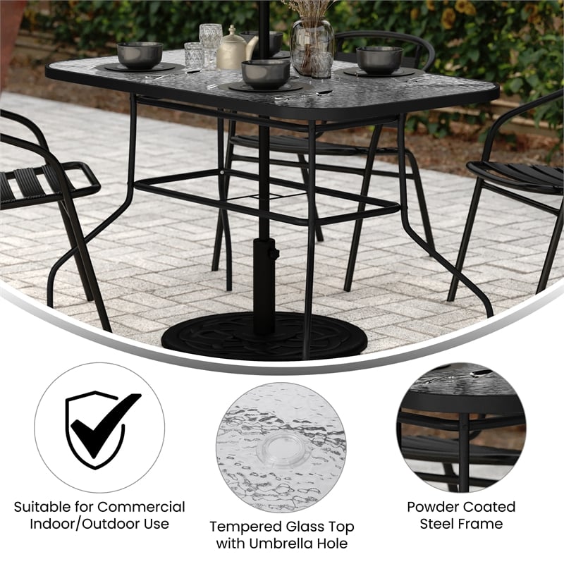 Commercial 47.25x27.5 Tempered Glass and Steel Patio Table - Umbrella Hole-Black